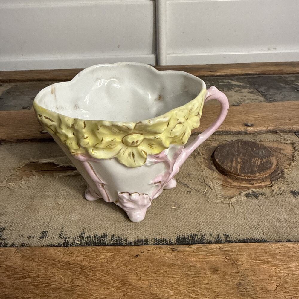 Antique Victorian Footed Porcelain Teacup 3D Yellow Pansy Floral Mug